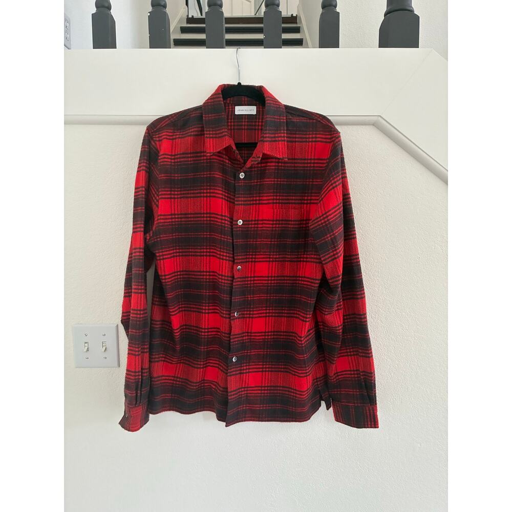 John Elliott Mens Red Black Plaid Brushed Flannel Button-Up Shirt Sz 3 US Large